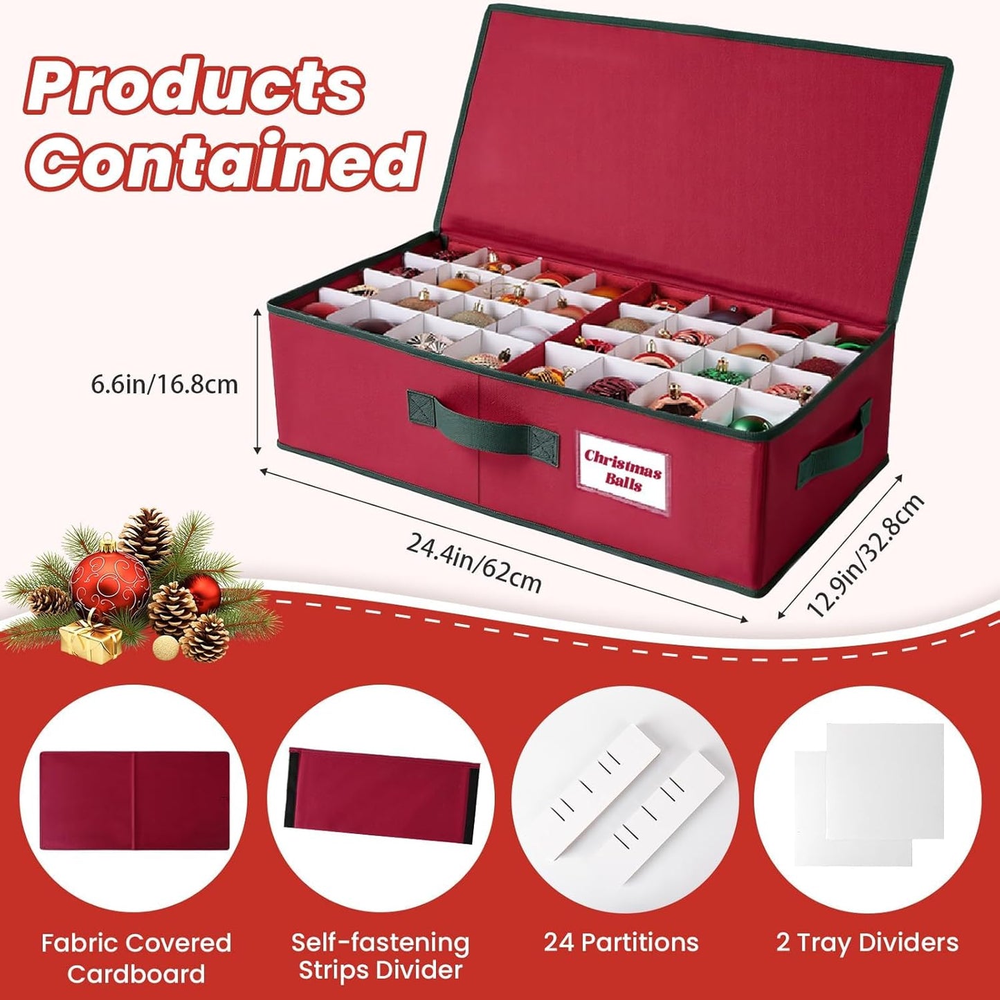 Ornament Storage Box – Holds Up to 64 Ornaments, Adjustable Dividers