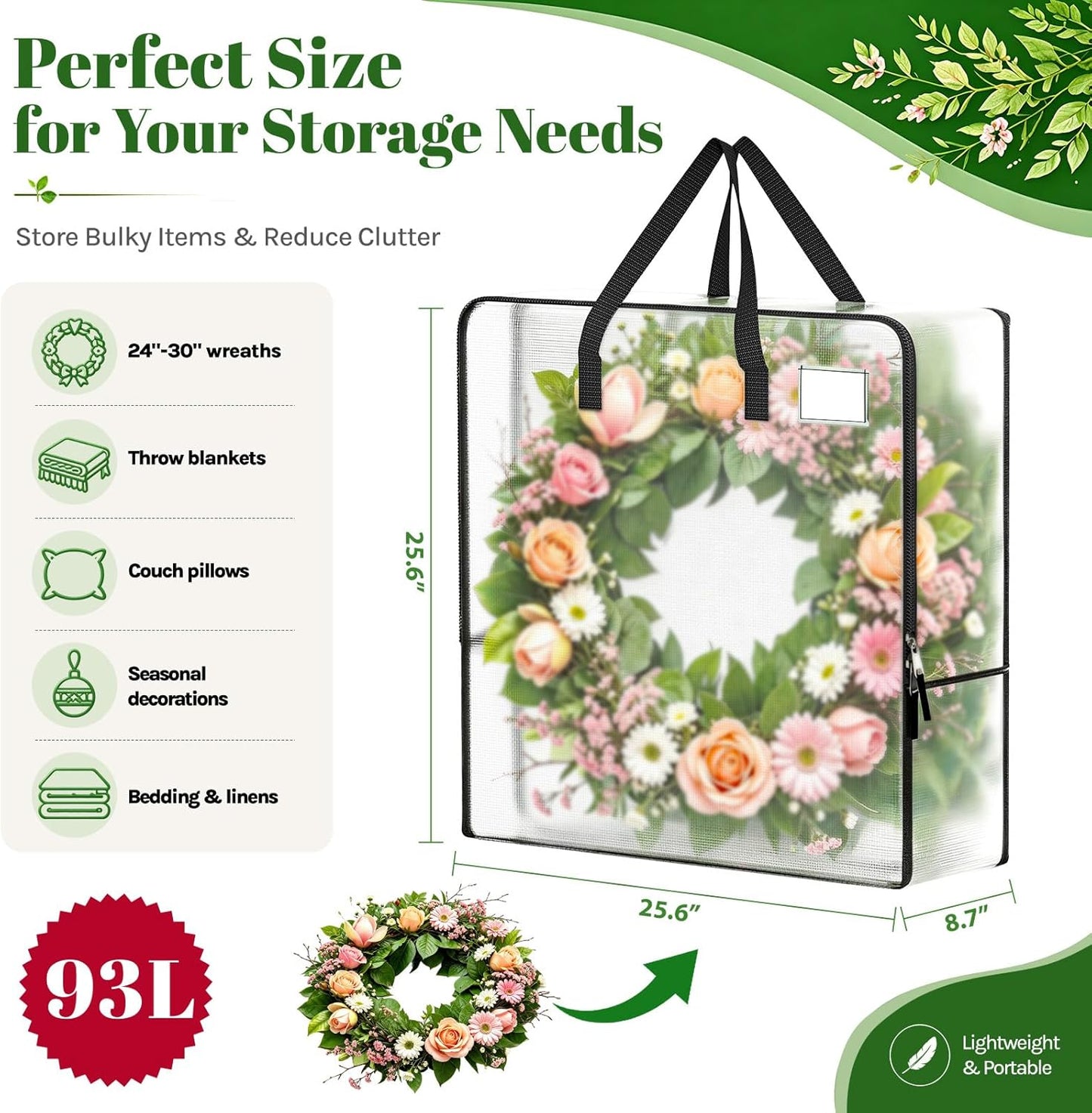Wreath Storage Container – 93L Clear Bag for Wreaths up to 30"